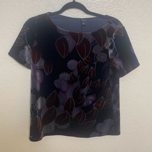 Velvet Floral Crew Neck Boho Peasant Business Casual Artsy Modern Blouse Top